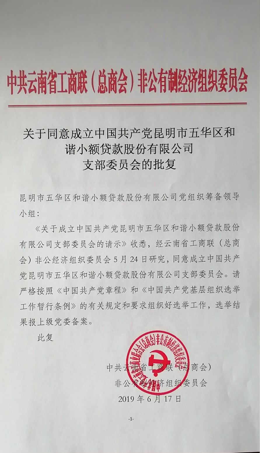 中国共产党昆明市五华区和谐小额贷款股份有限公司支部委员会成立